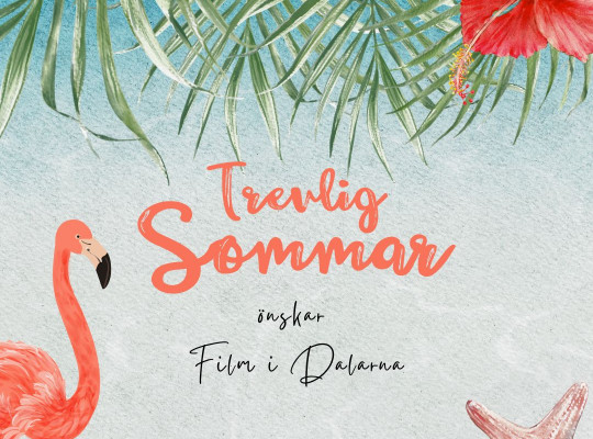 Bakgrund med en flamingo, palmblad och blomma samt med texten "trevlig sommar"