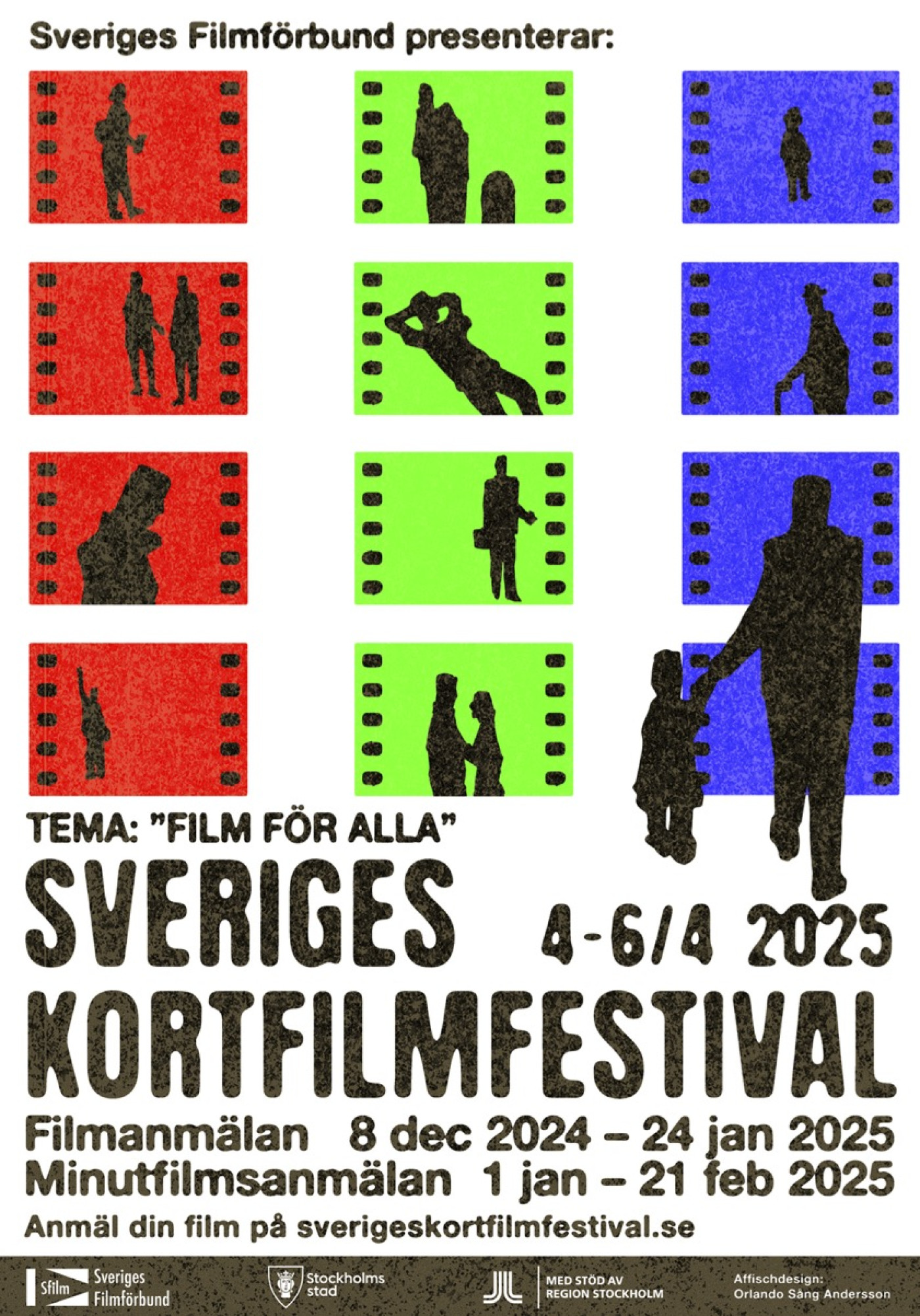 affisch med filmnegativ och med texten Sverige kortfilmfestival 4-6/4 2025