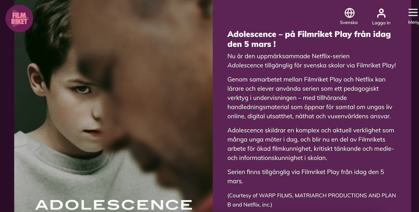 Nu kan lärare, filmpedagoger och elever streama miniserien Adolescence i skolan