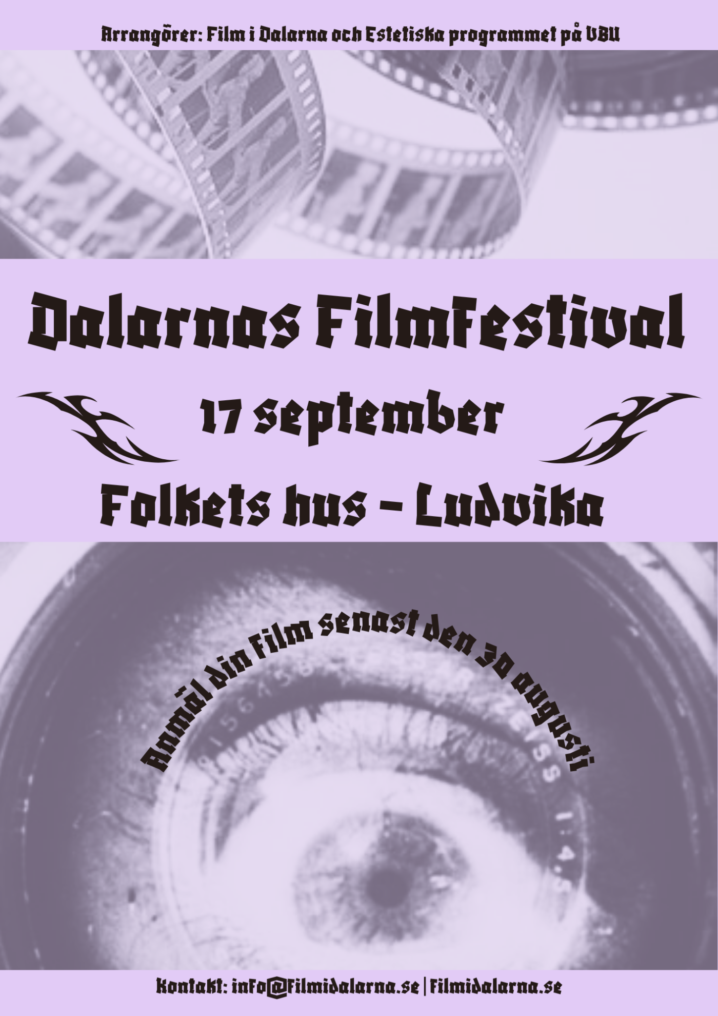 affisch med Dalarnas filmfestival 2026 i Folkets hus Ludvika 17 september. Anmäl din film senast 30 augusti
