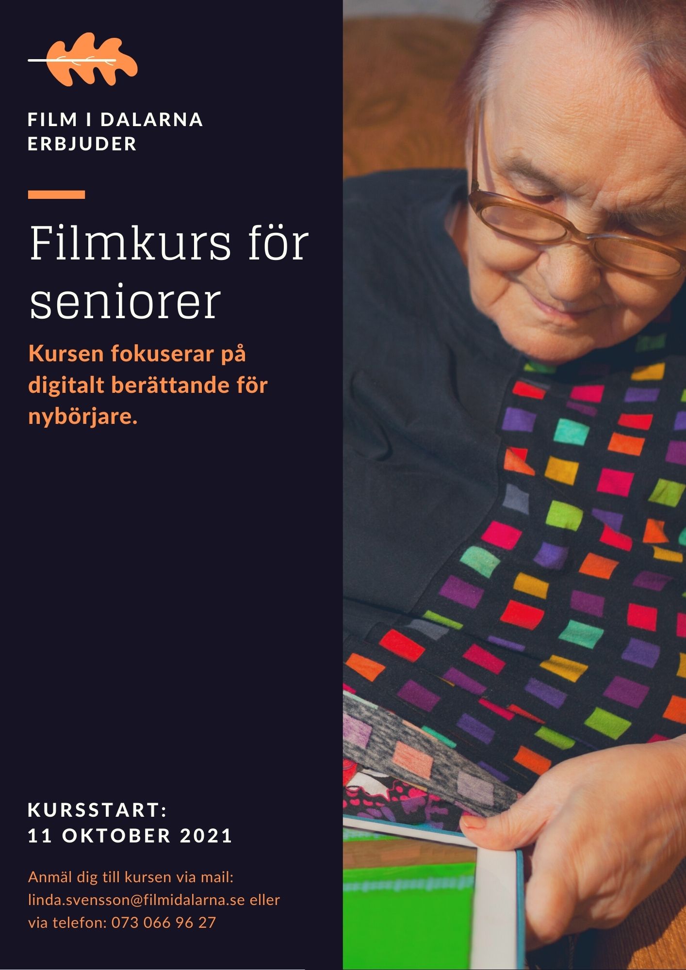 Affisch med text och bild på en kvinnlig senior som tittar på en iPad